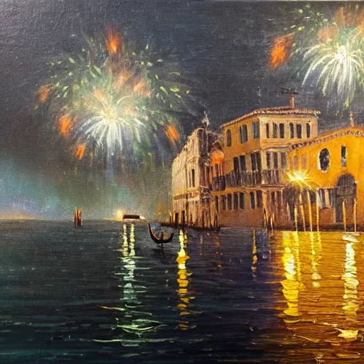 Image similar to an oil painting of couple kissing, in a background fireworks in venice