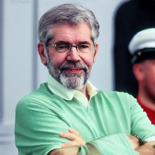 Prompt: Gerry Adams as Captain Ireland, hidden camera, photorealistic, 8k