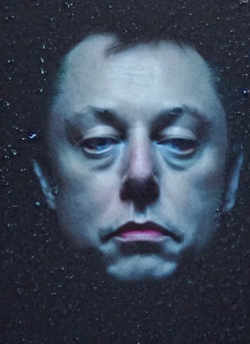 Image similar to dark photo of dark blue rainy bedroom window at night, dimly lit creepy face of elon musk staring in through the window, horror, scary face,