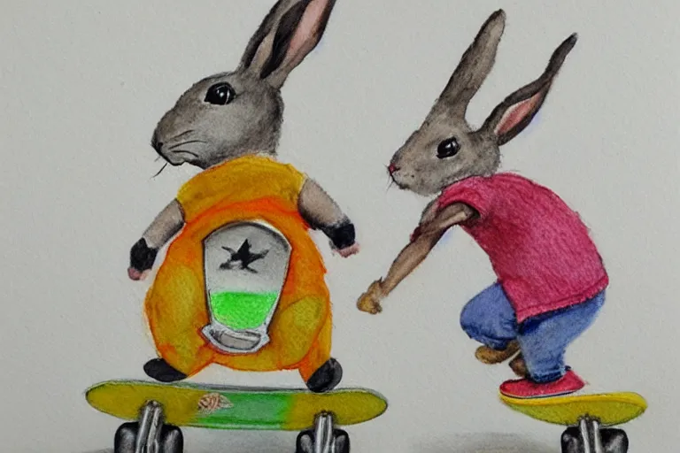 Image similar to a child's watercolor pencil painting of bunny playing skateboard.