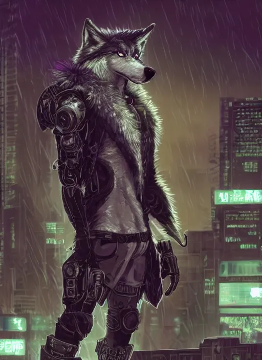 Prompt: character portrait of a male muscular anthro wolf fursona with a tail and a cute beautiful attractive detailed furry face wearing stylish cyberpunk clothes in a cyberpunk city at night while it rains. hidari, color page, tankoban, 4K, tone mapping, Akihiko Yoshida. Nomax, Kenket, Rukis, Falvie.