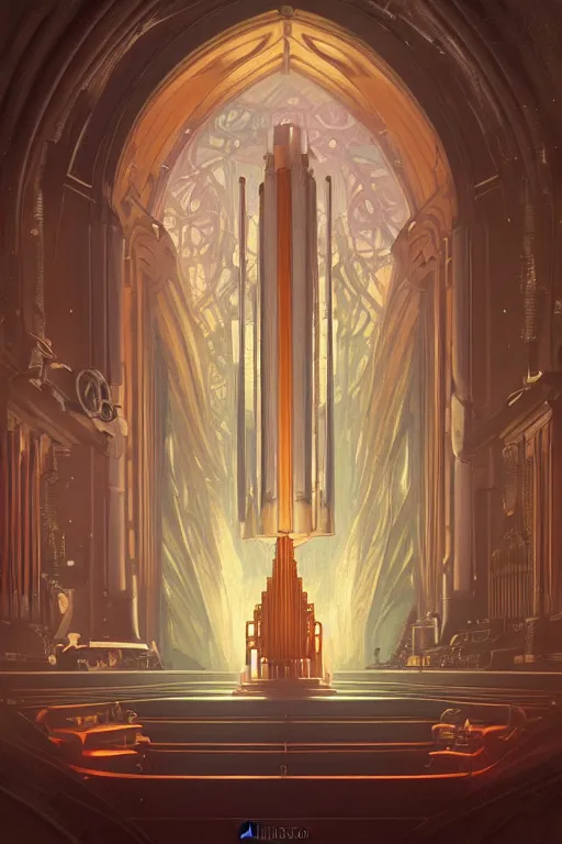 Image similar to painting of a pipe organ in front of a dimensional portal, decorated, intricate, dieselpunk, digital painting, artstation, concept art, smooth, sharp focus, illustration, art by artgerm and greg rutkowski and alphonse mucha, 8 k