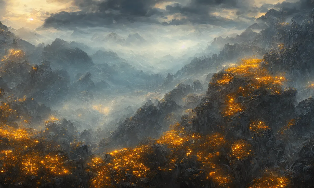 Image similar to breathtaking detailed digital painting of an aerial view of luxurious nature, mountains rocks at dawn with intricate ribbons and golden petals flying, with moody dark tumultuous clouds, by dao trong le, artstation, concept art, matte, 8 k,