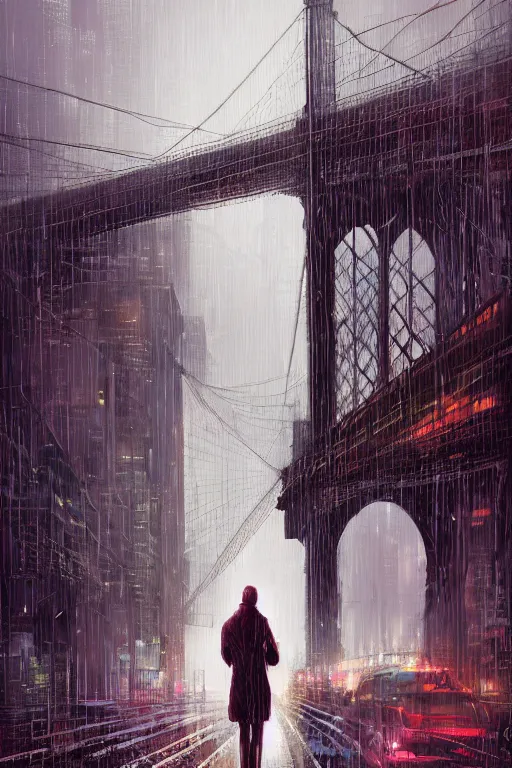 Prompt: beautiful digital illustration Brooklyn Bridge in the rain cyberpunk by Marc Simonetti