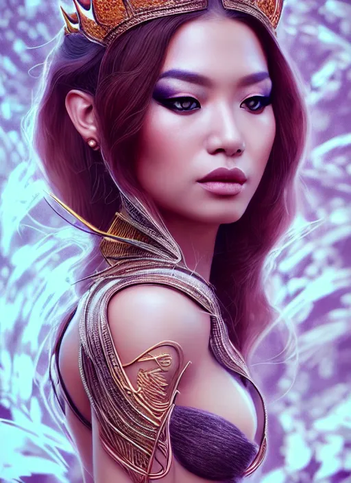 Prompt: portrait of tiger queen, intricate, sharp focus, octane render, realistic, detailed, beautiful, unreal engine, symmetrical!!, loreal, maybelline, sephora, loreal, artstation, art by artgerm, rossdraws, art by karol bak, makeup by pat mcgrath, cinematic, concept art, filmic, vsco