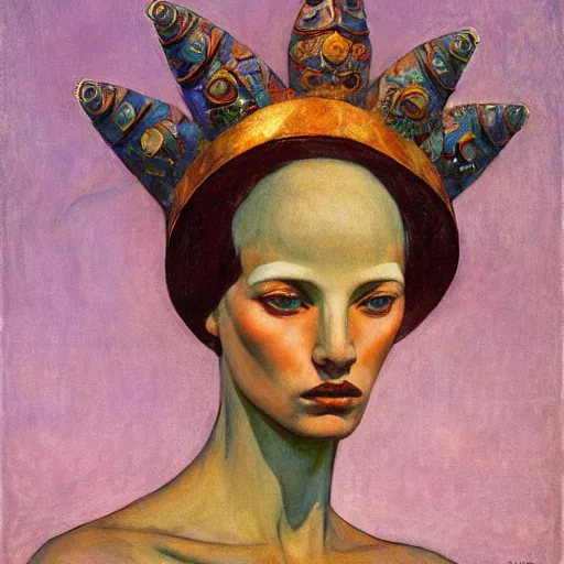 Image similar to the tentacle crown, by Annie Swynnerton and Nicholas Roerich and Diego Rivera, violet skin, elaborate costume, geometric ornament, rich color, dramatic cinematic lighting, smooth, sharp focus, extremely detailed