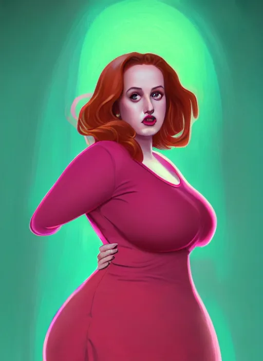 Image similar to full body portrait of teenage cheryl blossom, obese, bangs, green eyes, sultry, realistic, red hair, sultry smirk, wavy hair, pink skirt, fat, intricate, elegant, glowing lights, highly detailed, digital painting, artstation, concept art, smooth, sharp focus, illustration, art by wlop, mars ravelo and greg rutkowski