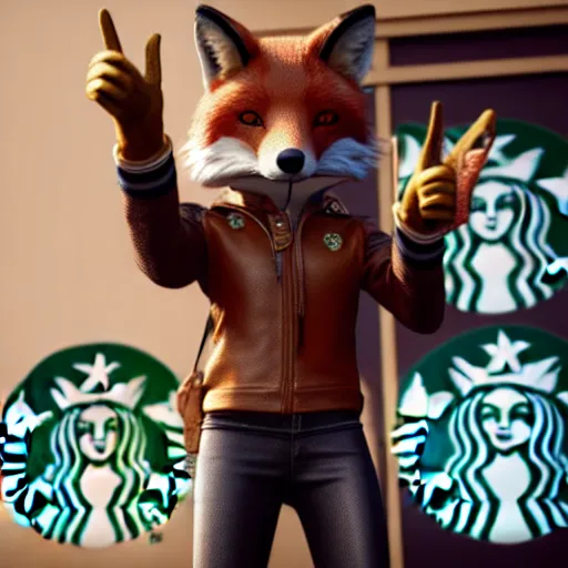 Image similar to a sweet anthro!! Fox wearing leather clothes and doing the peace sign standing in front of a Starbucks. cinematic, hyper realism, high detail, octane render, 8k, iridescent accents, render, trending on artstation, very coherent symmetrical artwork.