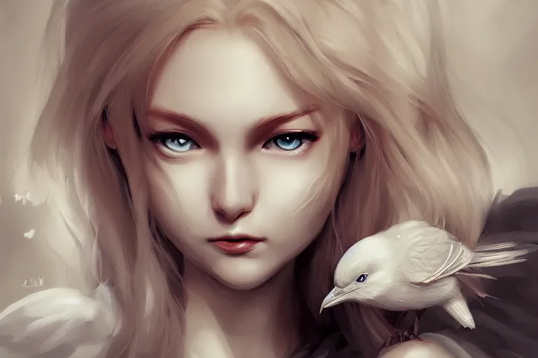 Prompt: a blonde girl playing with white bird, gloomy, highly detailed, digital painting, artstation, concept art, smooth, sharp focus, illustration, art by CLAMP, Hino Matsuri