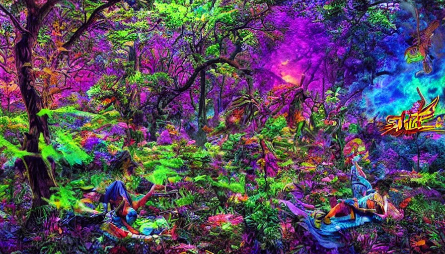 Image similar to landscape Jimy Hendrix in psychrdelic dmt lsd forest, photorealistic, artgerm, artwork by Arian, Mark