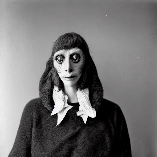 Prompt: portrait of alien beings from the 1920s, 85mm, by Diane Arbus, black and white, bokeh