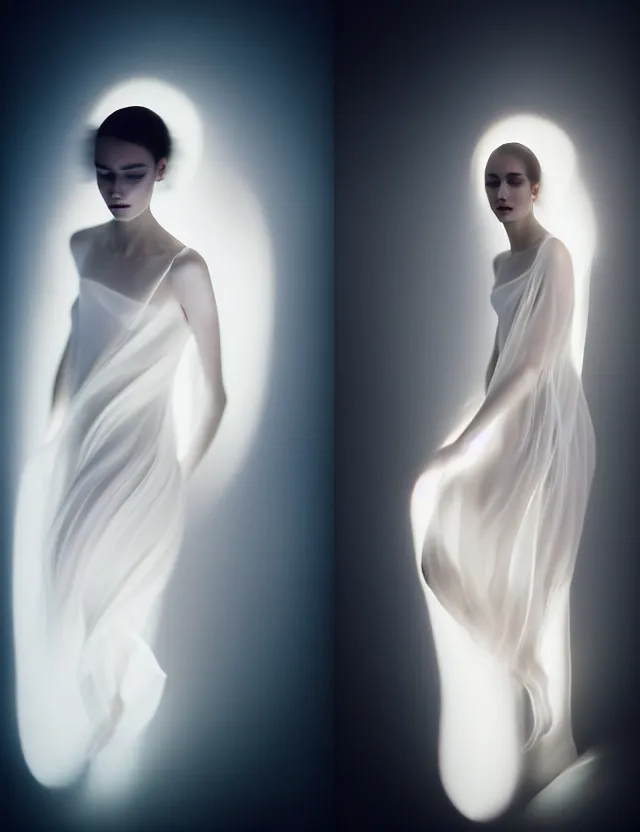 Image similar to kodak portra 4 0 0 photo portrait of a beautiful woman in style of paolo roversi, lightpainting motion blur, dress in white, elegant, soft coloured gel lighting, black background, highly detailed, sharp focus, ethereal, out worldly colours, emotionally evoking, head in focus, soft blur coloured gel light dreamy, volumetric lighting