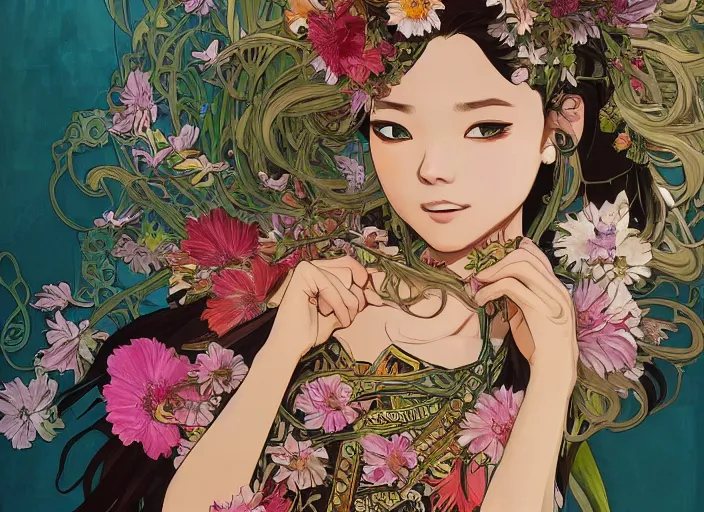 Image similar to !!! very coherent!!! oil painting, beautiful floralpunk iban bio mechanical portrait girl female illustration detailed patterns art of sarawak traditional dress, flower pop art, floral splash painting, art by ashley wood, alphonse mucha, makoto shinkai, geof darrow, dark shadow