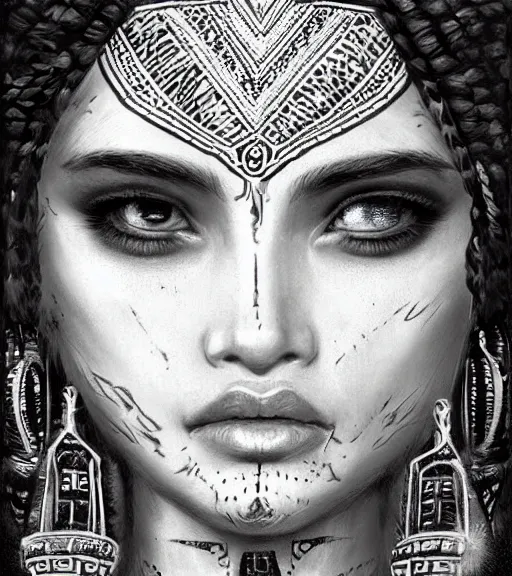 Prompt: beautiful intricate exquisite mayan princess realistic face, beautiful eyes, black and white drawing, in the style of greg rutkowski, fantasy, amazing detail, epic, intricate, elegant, smooth, sharp focus
