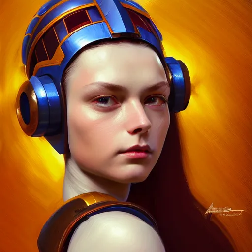 Image similar to head and shoulders portrait of a female Megaman semirealistic, digital illustration, dark fantasy, medium shot, intricate, elegant, highly detailed, digital painting, volumetric light, artstation, concept art, smooth, sharp focus, illustration by Sachin Teng, armor by Donato Giancola, face by Gil Elvgren, paintstrokes by Greg Manchess, background by Alphonse Mucha