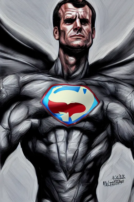 Image similar to emmanuel macron superhero, highly detailed, digital art, sharp focus, trending on art station