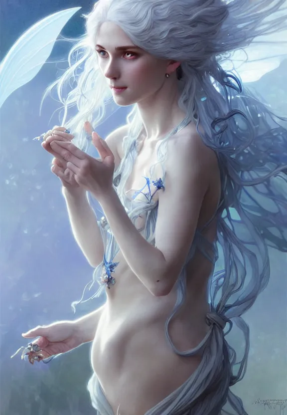 Prompt: portrait of fairy woman, d & d, blue eyes, white hair, face and full body, fantasy, intricate, elegant, highly detailed, digital painting, artstation, concept art, smooth, 8 k, sharp focus, illustration, art by artgerm and greg rutkowski and alphonse mucha