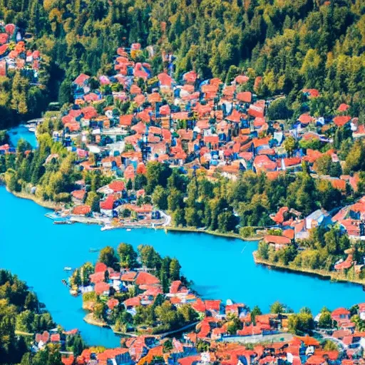 Image similar to View from directly above a blue lake with a city made of wood, more details