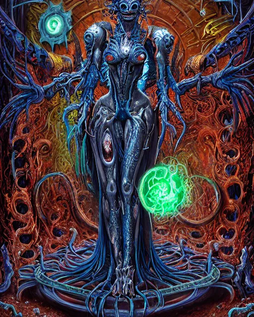 Image similar to silver mechanical charred bloody fleshmetal obliterator cyborg daemonhost woman wearing robes, psychedelic flamer of tzeentch with extra arms gunner, blue and green rainbow fire, by antonio j. manzanedo, alex grey, android jones, wayne barlowe, philippe druillet, josephine wall, harumi hironaka, cronenburg, pixabay