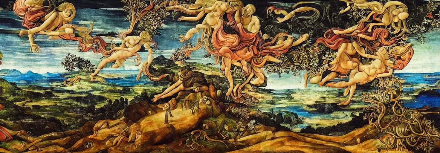 Image similar to beautiful landscape mural of an alien planet, lush landscape, vivid colors, intricate, highly detailed, masterful, fantasy world, in the style of sandro botticelli, caravaggio, albrecth durer