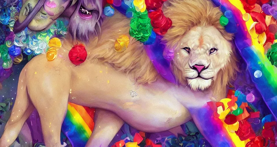 Image similar to aesthetic portrait commission of a albino male furry anthro lion surronded by rainbow confetti at a gay pride festival with his male lion anthro friends, bright and sunny atmosphere, Character design by charlie bowater, ross tran, artgerm, and makoto shinkai, detailed, inked, western comic book art, 2021 award winning painting