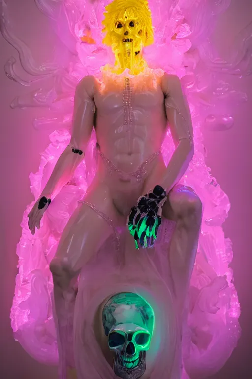 Prompt: photo of fullbody rococo and cyberpunk delicate neon crystalline sculpture of handsome muscular onyx albino marble prince of brazil as an mint iridescent humanoid deity wearing pink plastic hooded cloak holding an onyx skull in a onyx space dungeon, reclining, glowing yellow face, crown of white diamonds, cinematic lighting, photorealistic, octane render 8 k depth of field 3 d