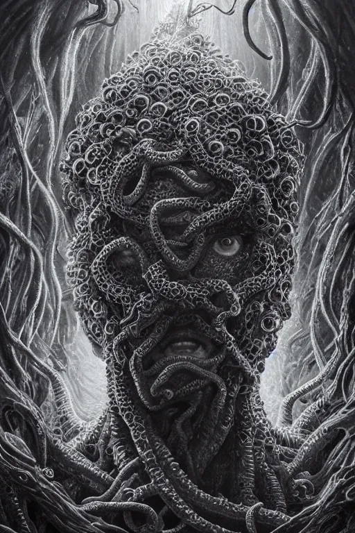 Image similar to realistic portrait of beautifully crystalized and detailed portrait of a hp lovecraft, tentacles, tendrils, eldritch, matte painting of cinematic movie scene red dragon, horror, created by gustave dore and greg rutkowski, high detailed, smooth draw, synthwave neon retro, intricate, realistic proportions, dramatic lighting, trending on artstation.