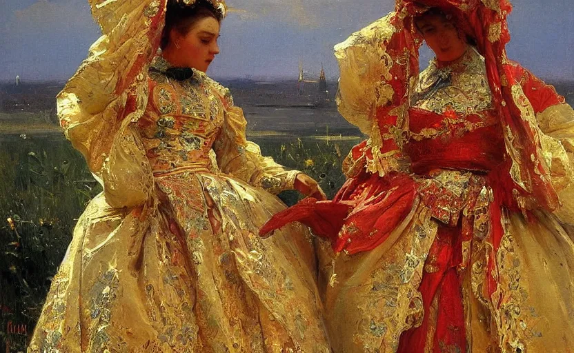 Image similar to high quality high detail painting by ilya repin, intricate costume design, orientalist, partially gold, ornate, elite, luxury, hd
