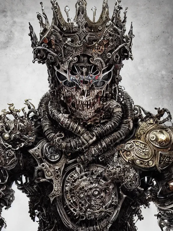 Prompt: portrait art of 8k ultra realistic undead corrupted king, ornate intricate crown , detailed intricate ornate armour,decaying, cybernetic, full of colour, cinematic lighting, battered, trending on artstation, 4k, hyperrealistic, focused, extreme details,unreal engine 5, cinematic, masterpiece, art by ayami kojima, giger