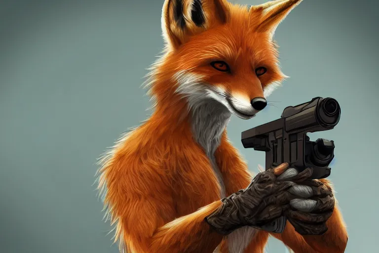 Prompt: a very handsome anthropomorphic fox, aiming a handgun at the camera, furry art, trending on furaffinity, highly detailed, 4 k