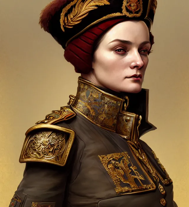 Prompt: portrait of a russian woman wearing a traditional nineteenth century russian empire military jacket, metal shoulder pauldrons, intricate, highly detailed, digital painting, artstation, concept art, sharp focus, cinematic lighting, illustration, art by artgerm and greg rutkowski, alphonse mucha, cgsociety