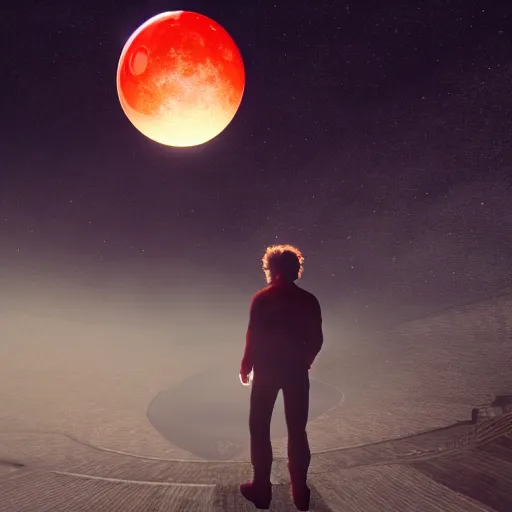 Prompt: gustavo cerati playing on the red moon, digital art, highly detailed, render unreal engine