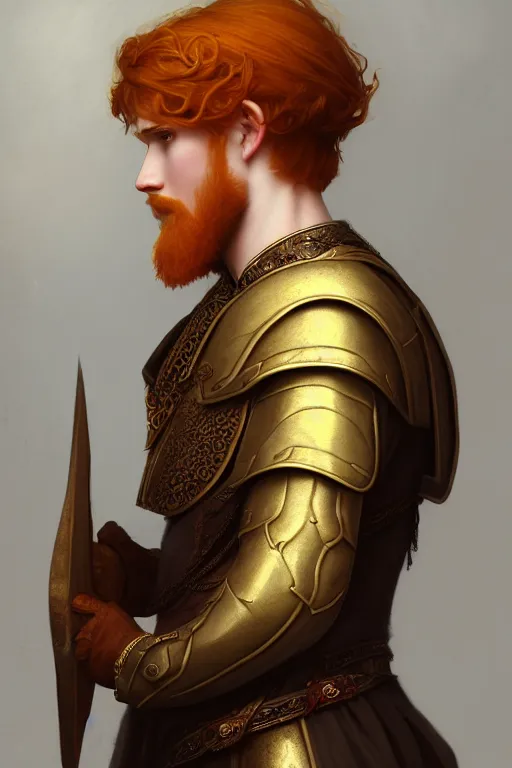 Image similar to a portrait of a ginger male prince, side profile, illustration, soft lighting, soft details, dark mood, painting oil on canvas by Edmund Blair Leighton and Charlie Bowater octane render trending on artstation d&d characters, 4k, 8k, HD