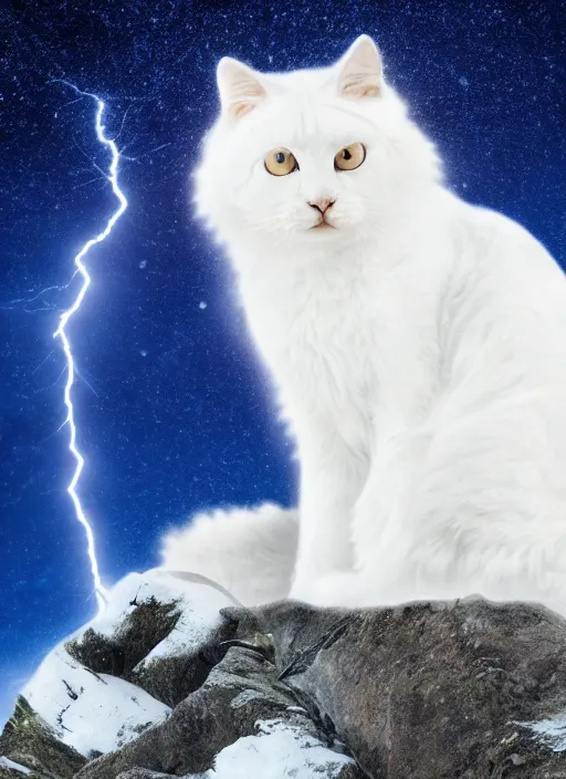 Image similar to giant white cat on a snowy mountain with lightning coming out of its paws, blue sky background with moon