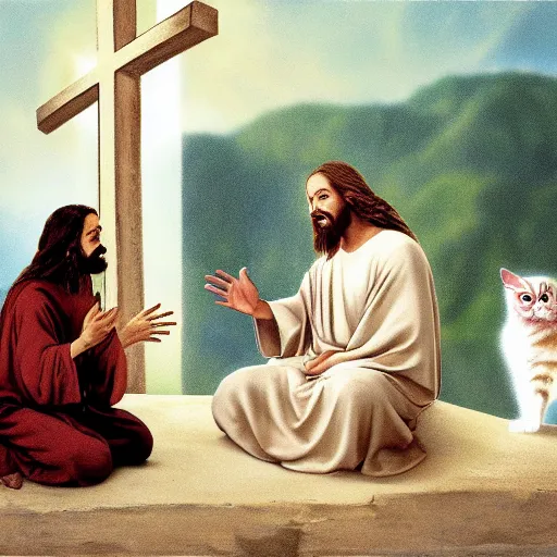 Prompt: realistic photo of jesus explaining the meaning of life to a cross - eyed cat,