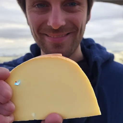 Prompt: a photo of thomas simons holding a piece of cheese