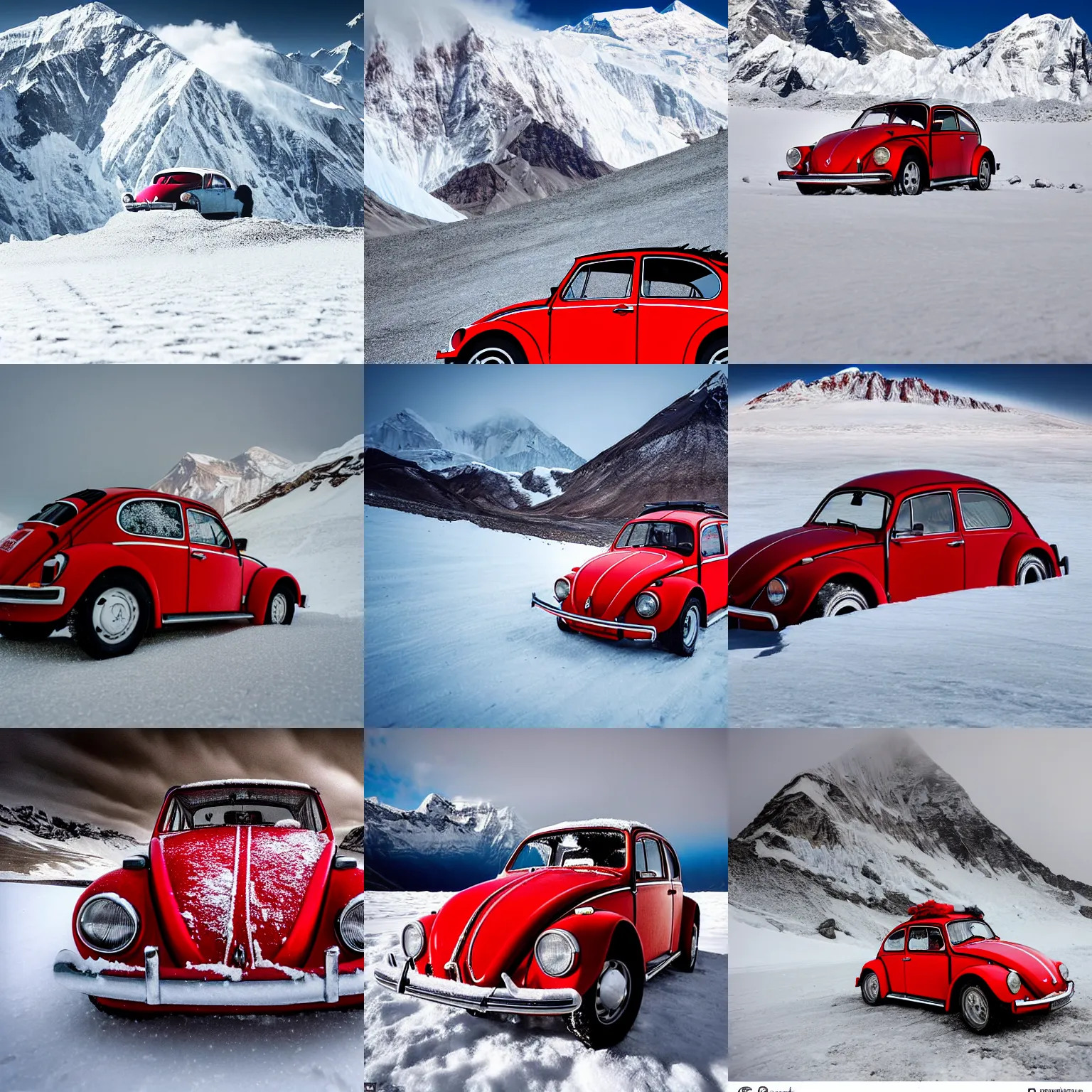 Image similar to extreme long shot of a snowy red 1970 vw beetle standing on mount everest, award winning photo, snow, high detail, desolate, atmospheric, 8k