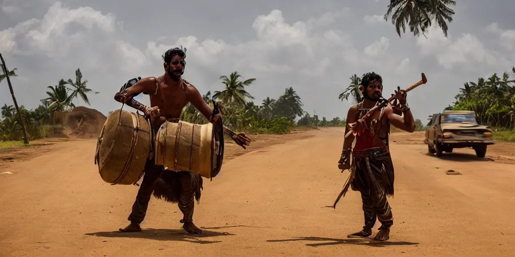 Image similar to sri lankan mad max style, bongo drum player, tuk tuk, film still, epic shot cinematography, rule of thirds