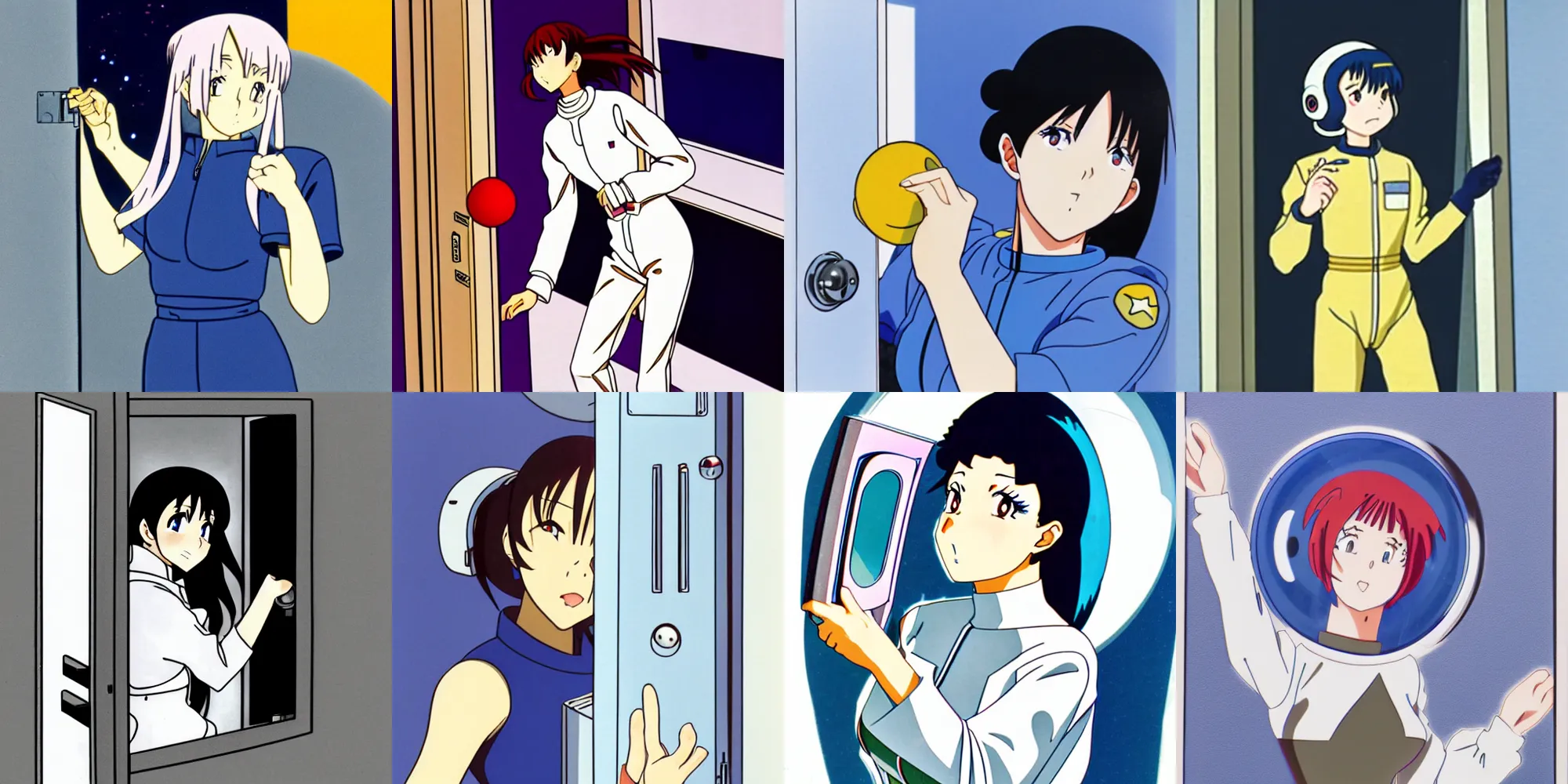 Prompt: anime cel, young woman in space jumpsuit holding on to a doorknob, leaving a room, annoyed expression, white wall complex