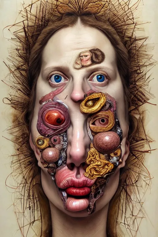 Prompt: Detailed maximalist portrait with large lips and eyes, scared expression, with extra flesh, HD mixed media, 3D collage, highly detailed and intricate, surreal illustration in the style of Jenny Saville, dark art, baroque, centred in image