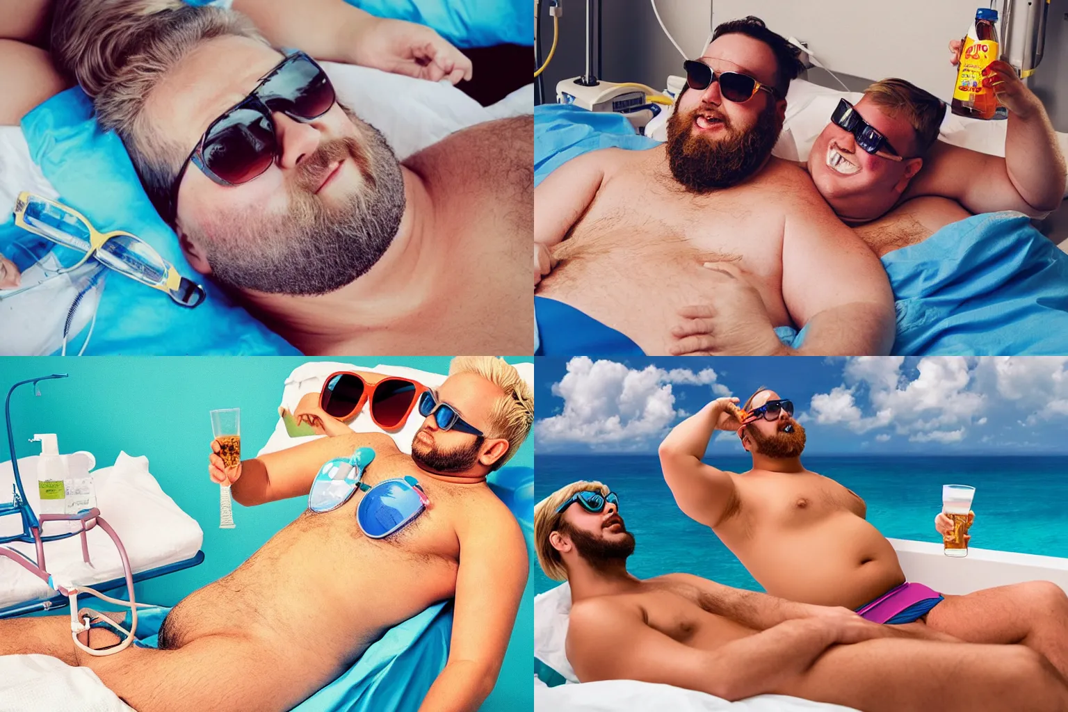 Prompt: “Blond fat man with big beard and sunglasses having happy summer vacation in Hospital bed with IV therapy stand. Drink in hand. Beautiful bikini women around him. In the style of retro advertising. Colorful. Detailed.”