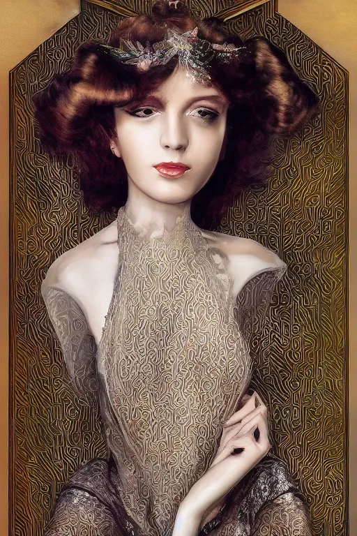 Image similar to An extremely beautiful Art Deco ornate portrait of a young attractive woman with a silky bio-luminiscent holographic dress, neo-cyberpunk, professionally painted digital art illustration, smooth, sharp focus, atmospheric lighting, highly detailed illustration highlights, golden ratio, extremely detailed winning award masterpiece, very coherent symmetrical artwork, sense of awe, 8K post-processing, trending on artstation flawless, prismatic highlights, telephoto, depth of field, cinematic, macro, concept art, wepa digital, elegant, epic, octane render, v-ray, C4D