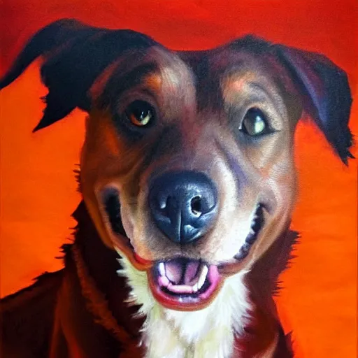 Image similar to A red dog portrait with big eyes and little ears laughing. in the art style of William Turner. Dramatic lighting, high resolution.