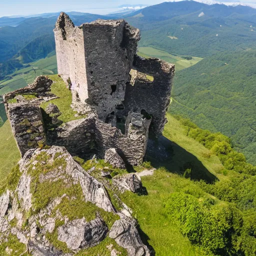 Prompt: photograph, a ruined castle on top of a big mountain, the photo was taken from very far away below the castke looking up at it, exteme far up, ultra high detail, 8 k