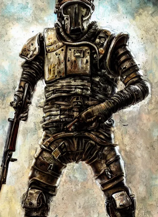 Prompt: a detailed painting of a man in post apocalyptic modern armour and a helmet walking around a wasteland holding a modified shotgun. hd. 1 9 5 0 s painting style. detailed background