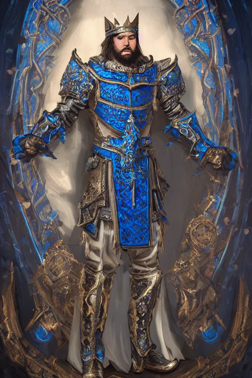 Prompt: concept art, full body portrait of king sorcerers, ornate, Blue and silver, armor, robes, Hyperrealistic, 4K, Unreal Engine, Highly Detailed, Dramatic Lighting, Beautiful