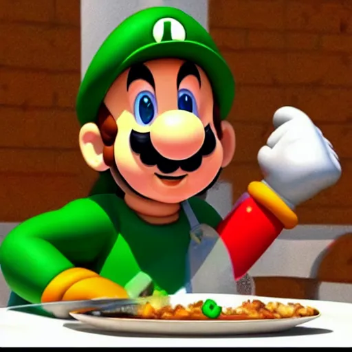 Image similar to Super Mario eating Luigi with a knife and fork on a toad mushroom