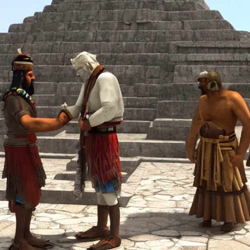 Prompt: Hernán Cortés shaking hands with Montezuma at the foot of the temple in Tenochtitlan, 35mm award winning photography, highly detailed, unreal, octane render