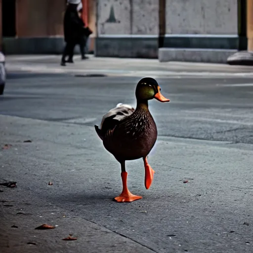 Image similar to A duck staring at a homeless person, cinematic, professional photography,