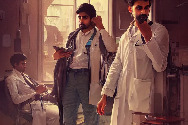 Prompt: Anxious good looking pale young Indian doctors wearing jeans inside a hospital, portrait, elegant, intricate, digital painting, artstation, concept art, smooth, sharp focus, illustration, art by artgerm and greg rutkowski and alphonse mucha